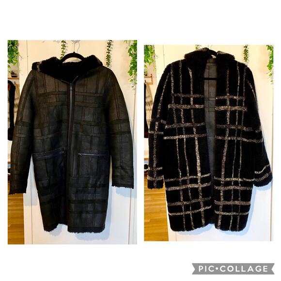 Sprung Freres Reversible Lamb Leather Fur Hooded Coat Sherpa Hood S MSRP $4500 - Picture 1 of 16